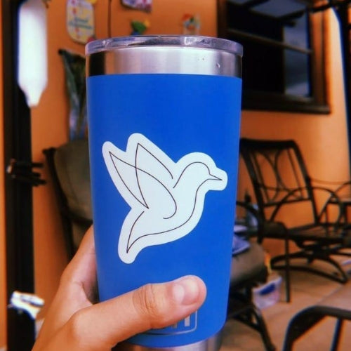 Poetry Rise bird sticker on a blue water bottle tumbler, minimalist dove design for peaceful and creative expression