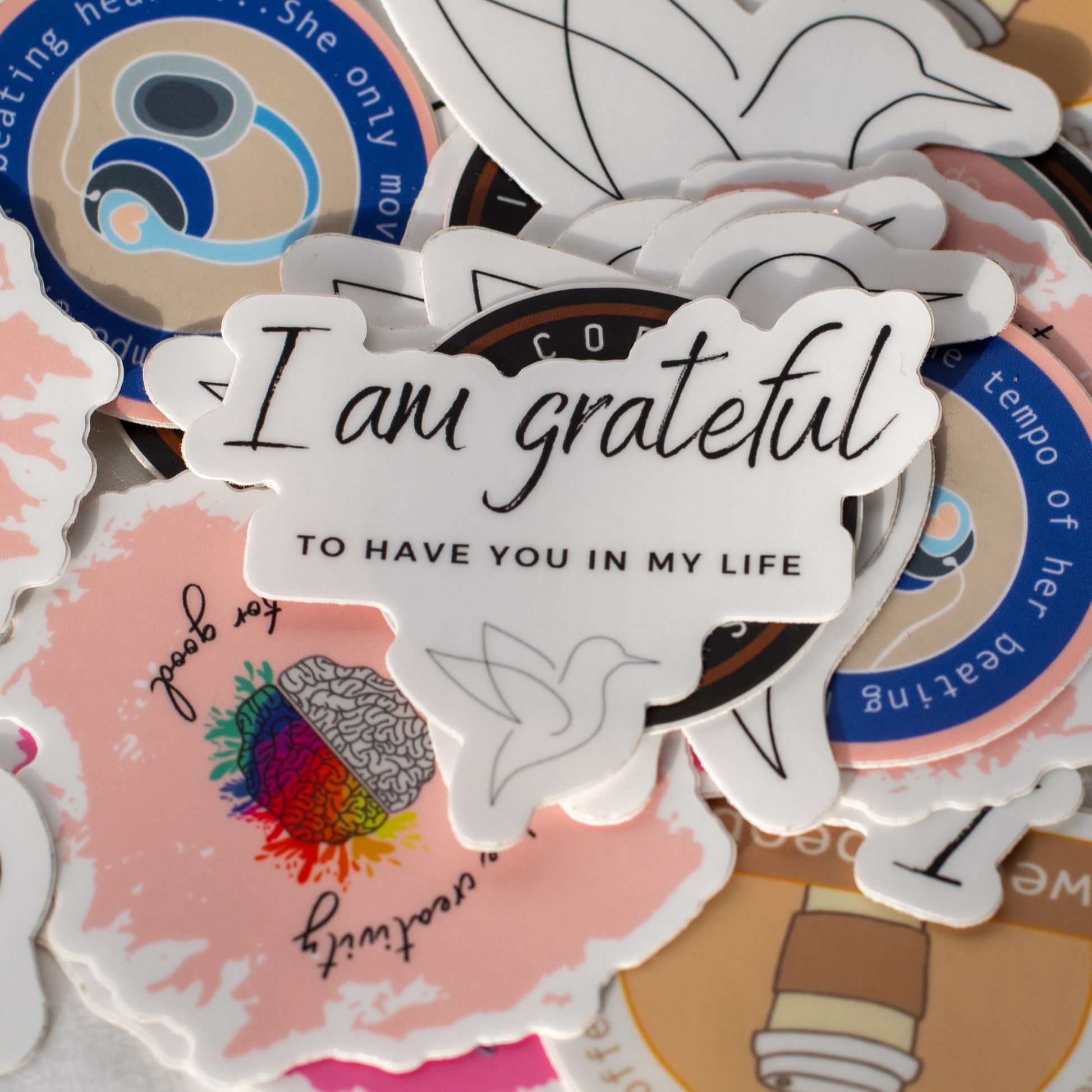 Gratitude quote sticker in a pile of colorful vinyl affirmation and coffee stickers, bird outline at the bottom