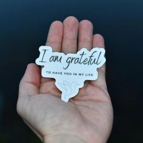 Hand holding a waterproof affirmation sticker that says 'I am grateful to have you in my life' with bird design